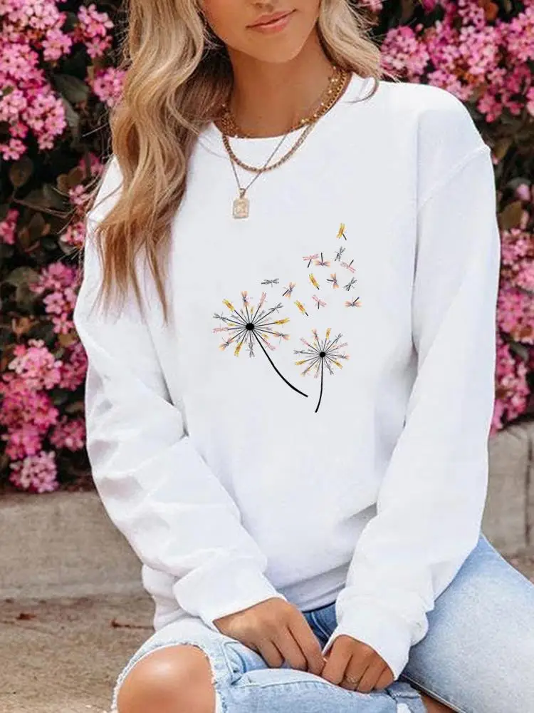 

Clothing Women Print Fleece Pullovers Lady Long Sleeve Winter Dragonfly Dandelion Trend Fashion Casual Graphic Sweatshirts