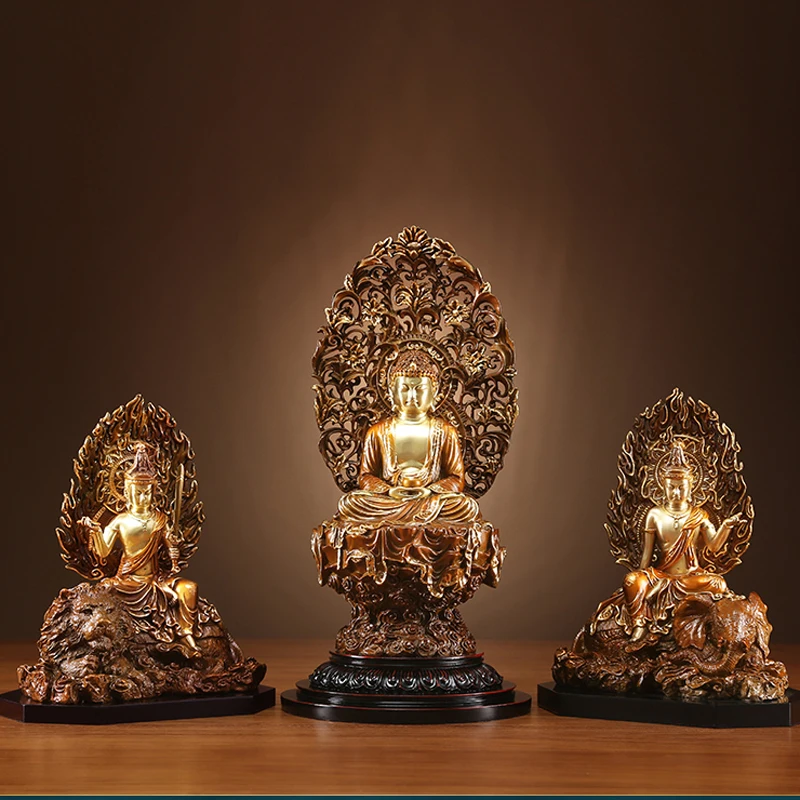 A SET 3P High grade gilding HUA YAN SAN SHENG Sakyamuni Samantabhadra Bodhisattva Manjusri Buddha statue HOME shrine