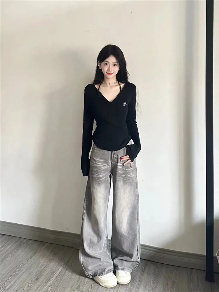 

American Retro Mocha Grey Wide Leg Jeans Women Summer Thin Loose Slimming Extended Floor-Length Pants High Waist Jeans