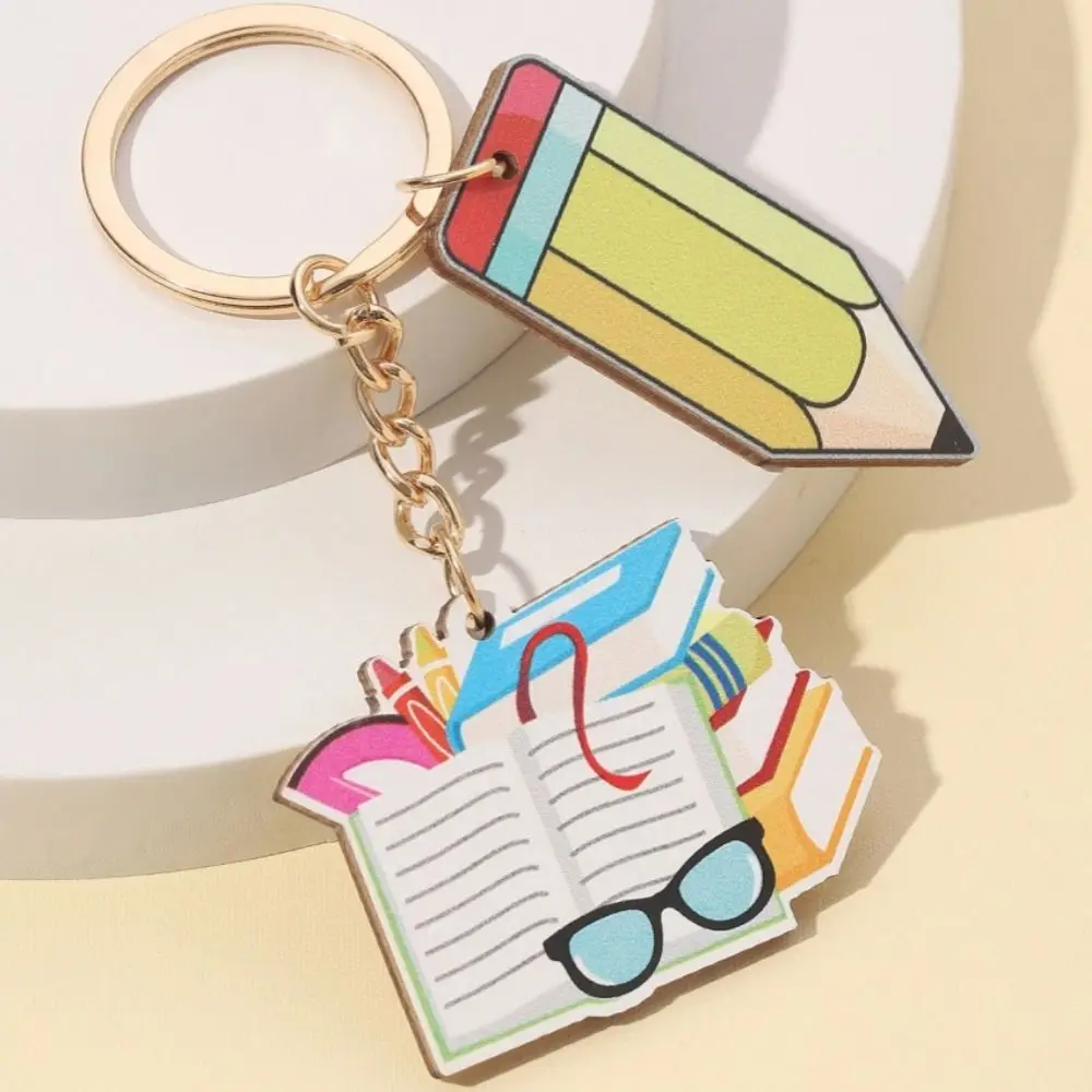 Wooden Teacher's Day Keychain Geometric Shape English Letter Text Keychain Pendant Rainbow Charm Pen Holder Key Ring