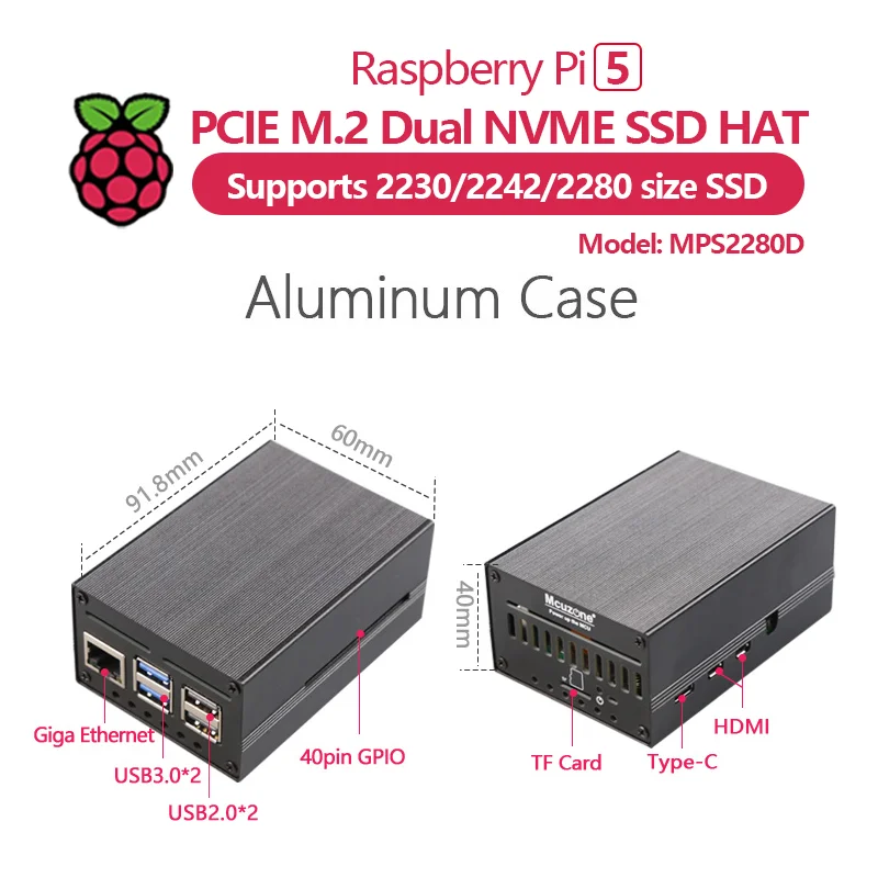 MPS2280D Raspberry Pi 5 PCIE M.2 Dual NVME SSD HAT support 2280/2242/2230 SSD