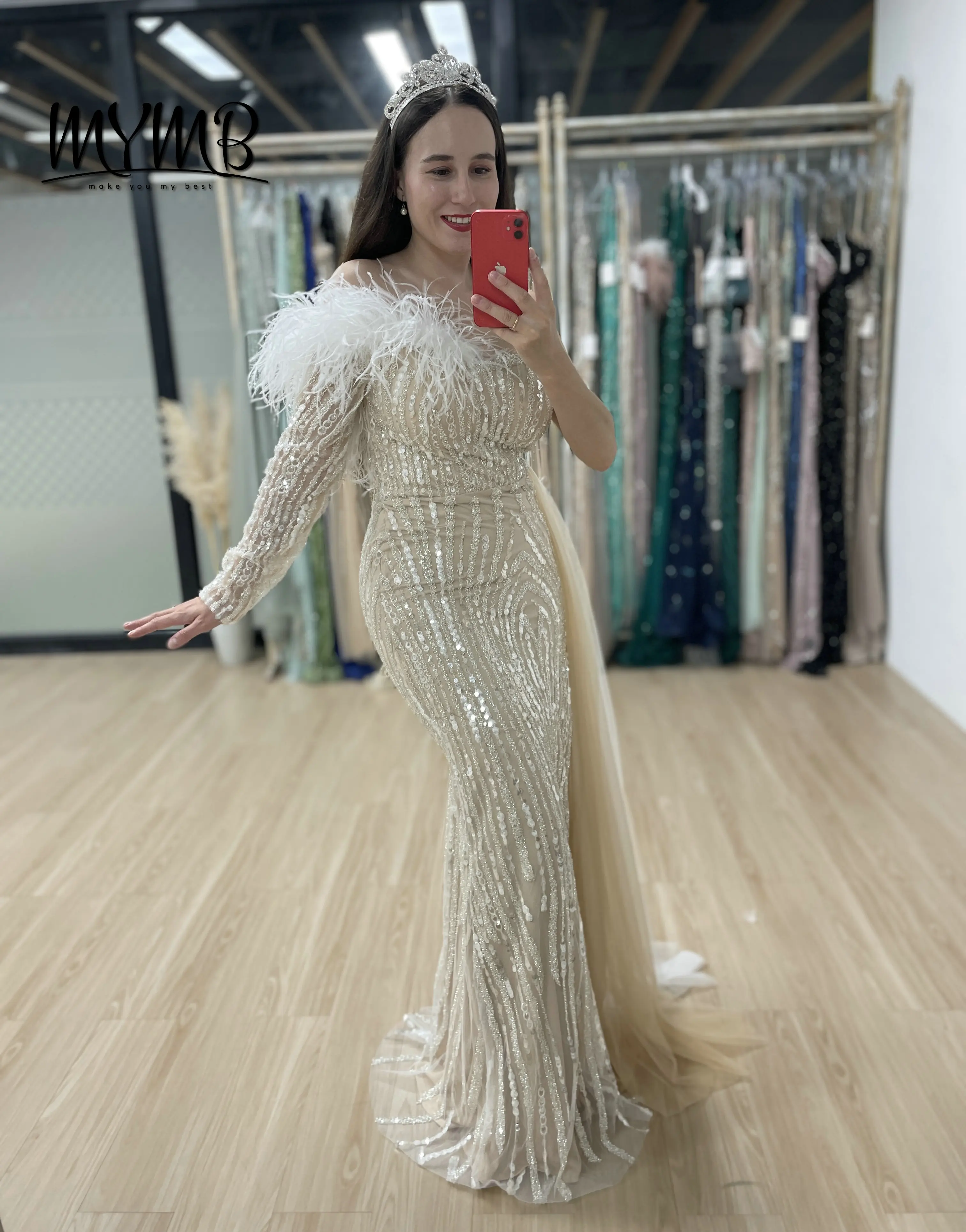 

MYMB Newest Design Beading Sequined Feathers Evening Dresses Mermaid High Slit Off the Shoulder Couture Dress for Ladies MY30099