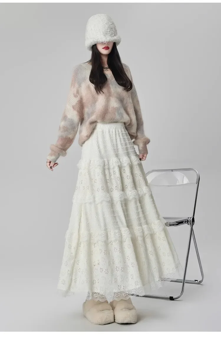 Gentle Wind High Waist A-Line Lace Splicing Long Skirt Women's Fairy Tale Cake Skirt Mid-Length Midi Skirt for Autumn Winter