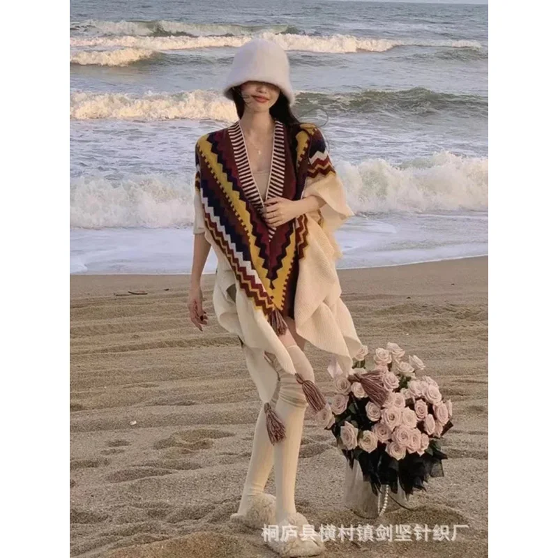 Women Autumn Winter Bohemian Faux Cashmere Ethnic Style Long Thick Poncho Shawl Female Big Pendulum Loose Cloak Coat MN12