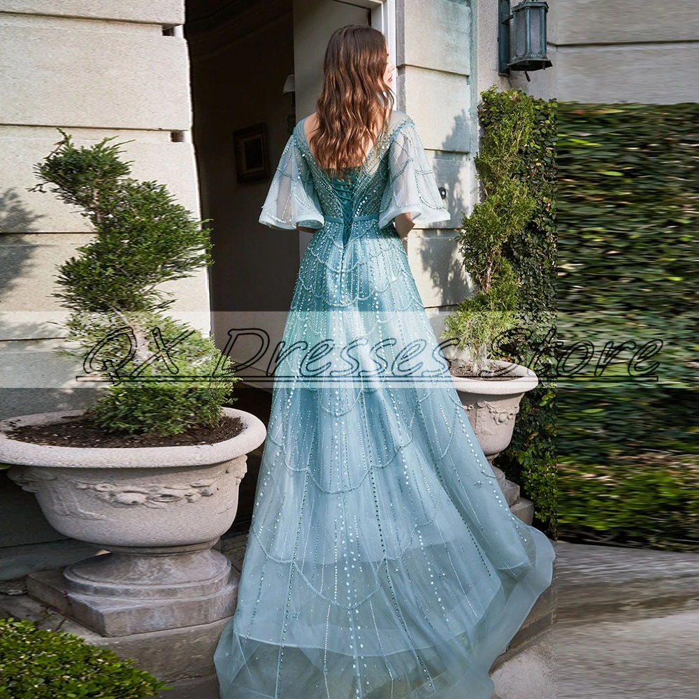 CustomizedElegant Blue Prom Dress O-Neck Crytasl Sequins Tulle And Belt A-Line Floor Length Party Gown Lace Up Custom Formal Eve