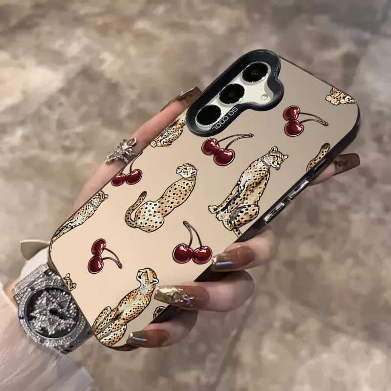 Coque de téléphone Laser Design léopard cerise, étui pour Samsung Galaxy S25 FE S24 Ultra S23 S22 Plus A56 A55 A54 A53 A36 A26 A16