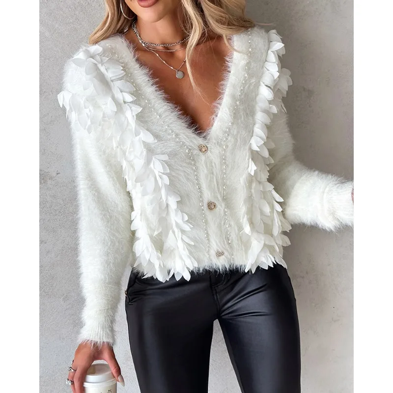 2023 Autumn Winter New Sweater Top Women's Beaded Single-Breasted Plush Sweater Women Long Sleeve V-neck Pullover Loose Sweater