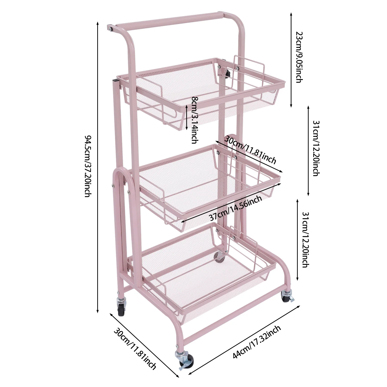 

Pink Multi-Functional Storage Cart for Offices, 3-Tier Adjustable Metal Rolling Utility Cart, Movable Organizer W/ Wheels