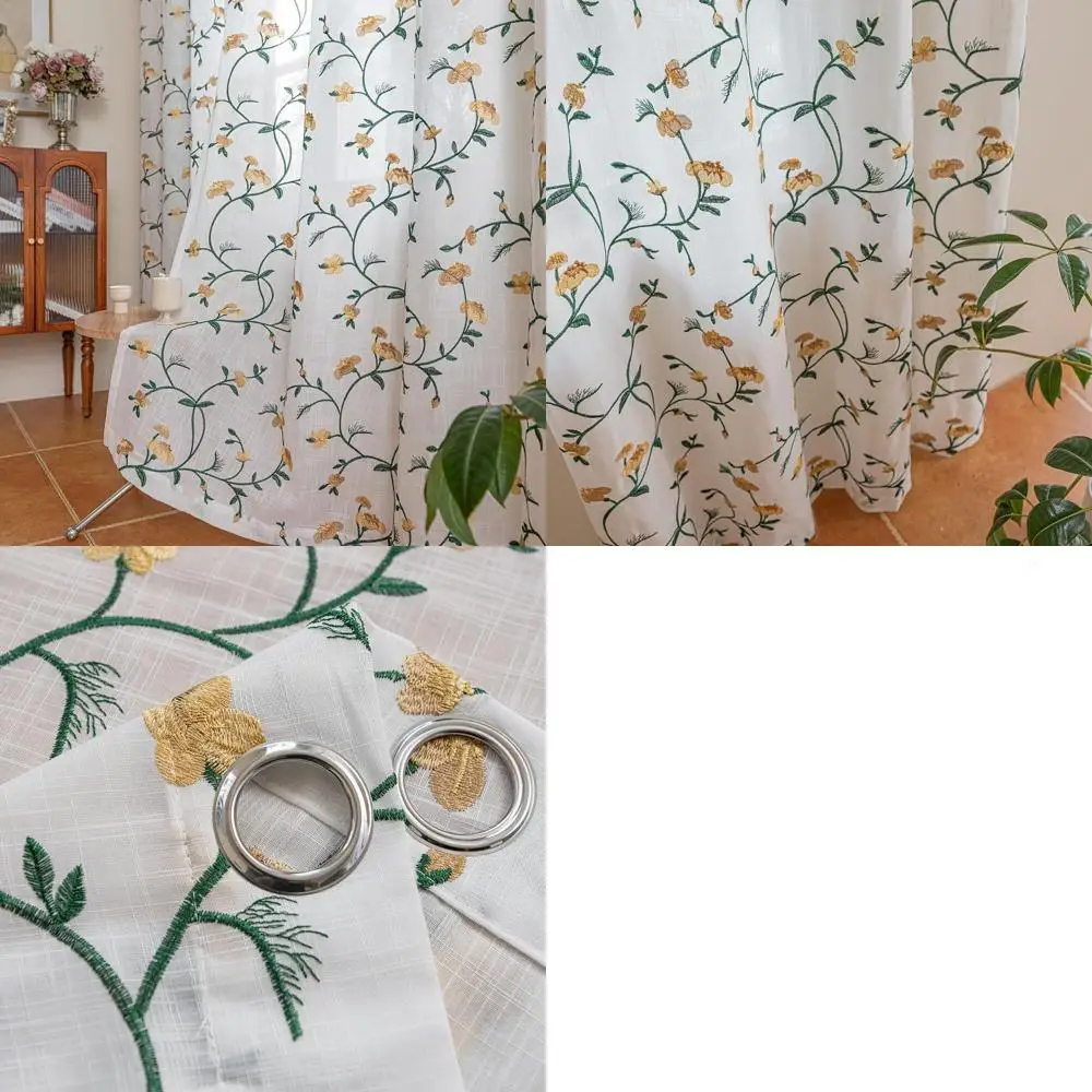 

Зеленые шторы из тюля с вышитыми листьями в стиле фермерского дома 84, золотые цветочные и серебряные люверсы