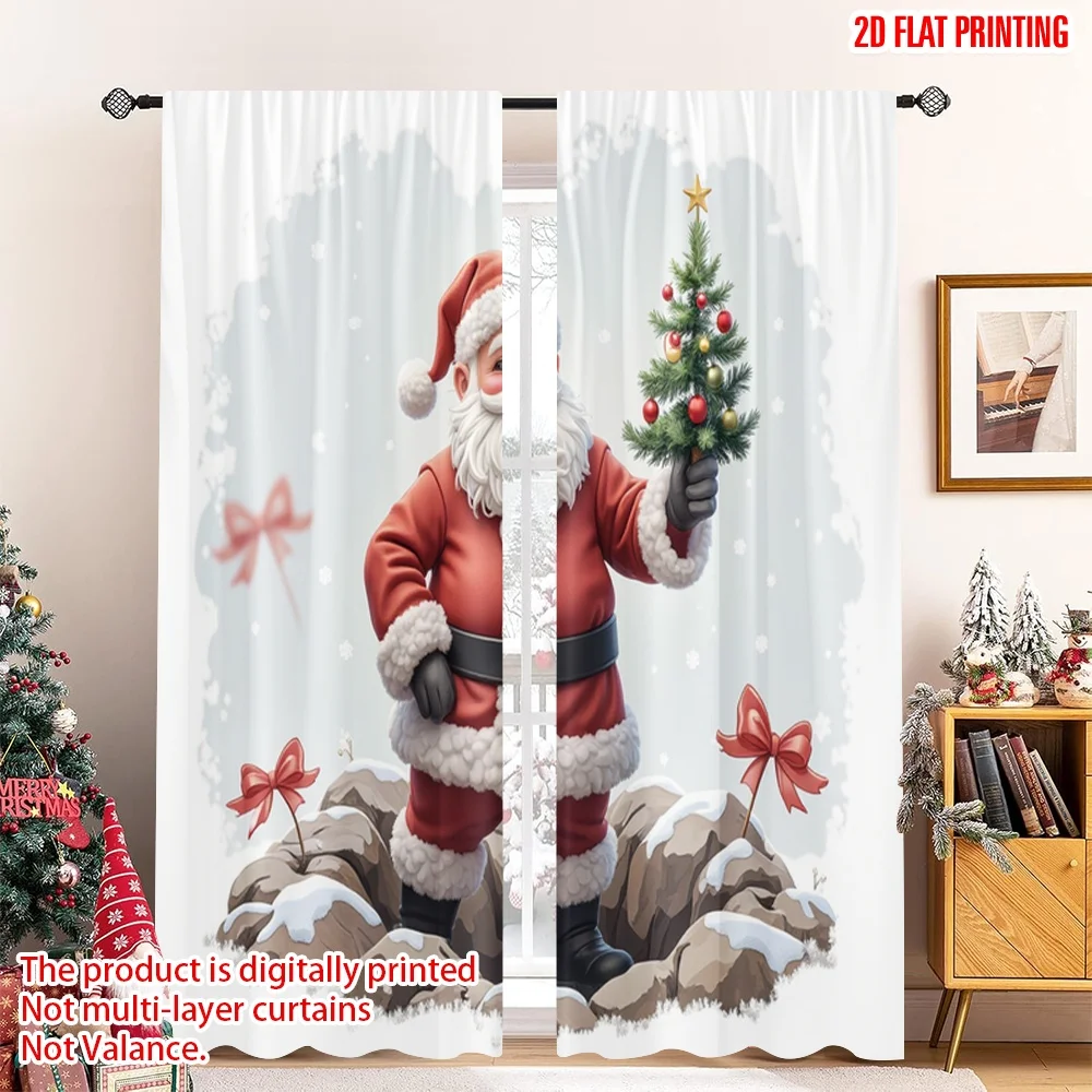 

2pcs 2D flat printing Christmas Curtain Santa Claus Christmas Tree Snow 100% Polyester Fabric Without Electricity Family Party