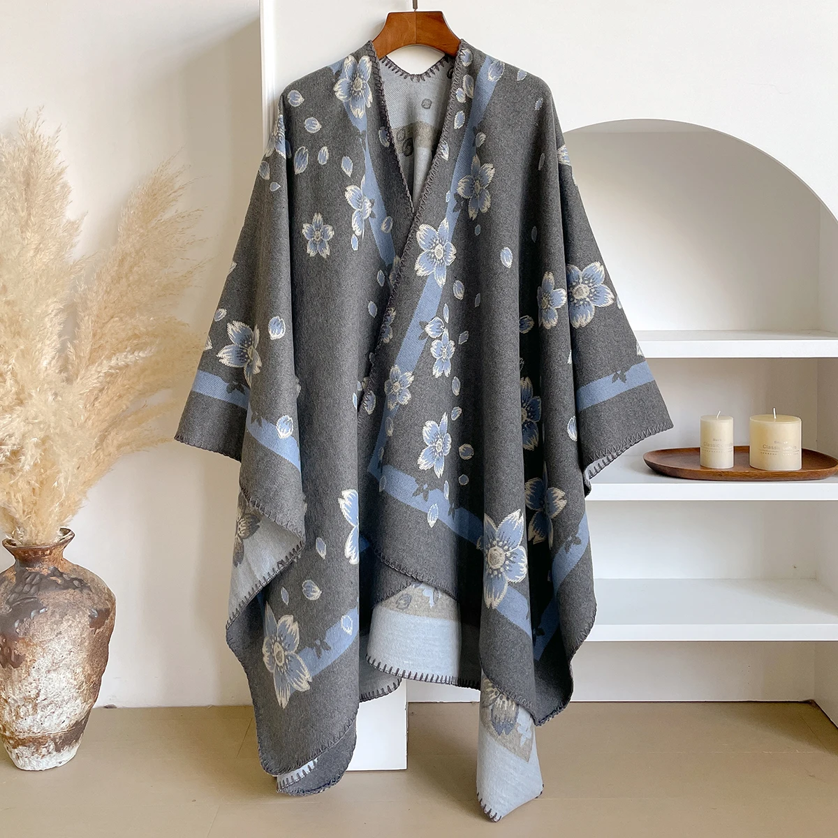 

Elegant Floral Vintage Jacquard Oversized Shawl Cloak Soft Warm Imitation Cashmere Scarf for Autumn Winter