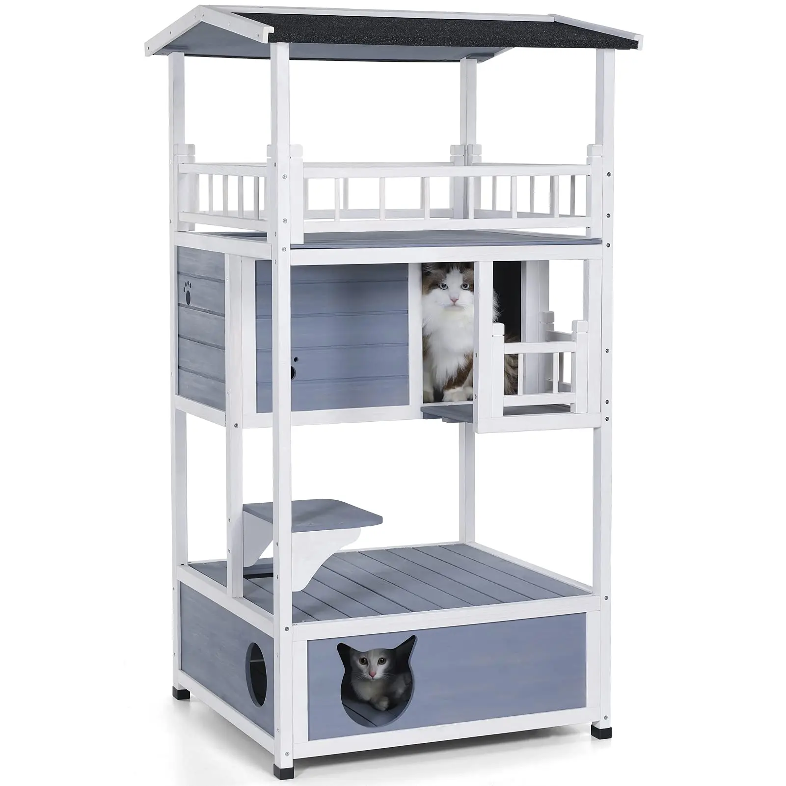 

4 Floors Light Blue Outdoor Cat House Sun Deck Comfortable Sleeping Area Cat House