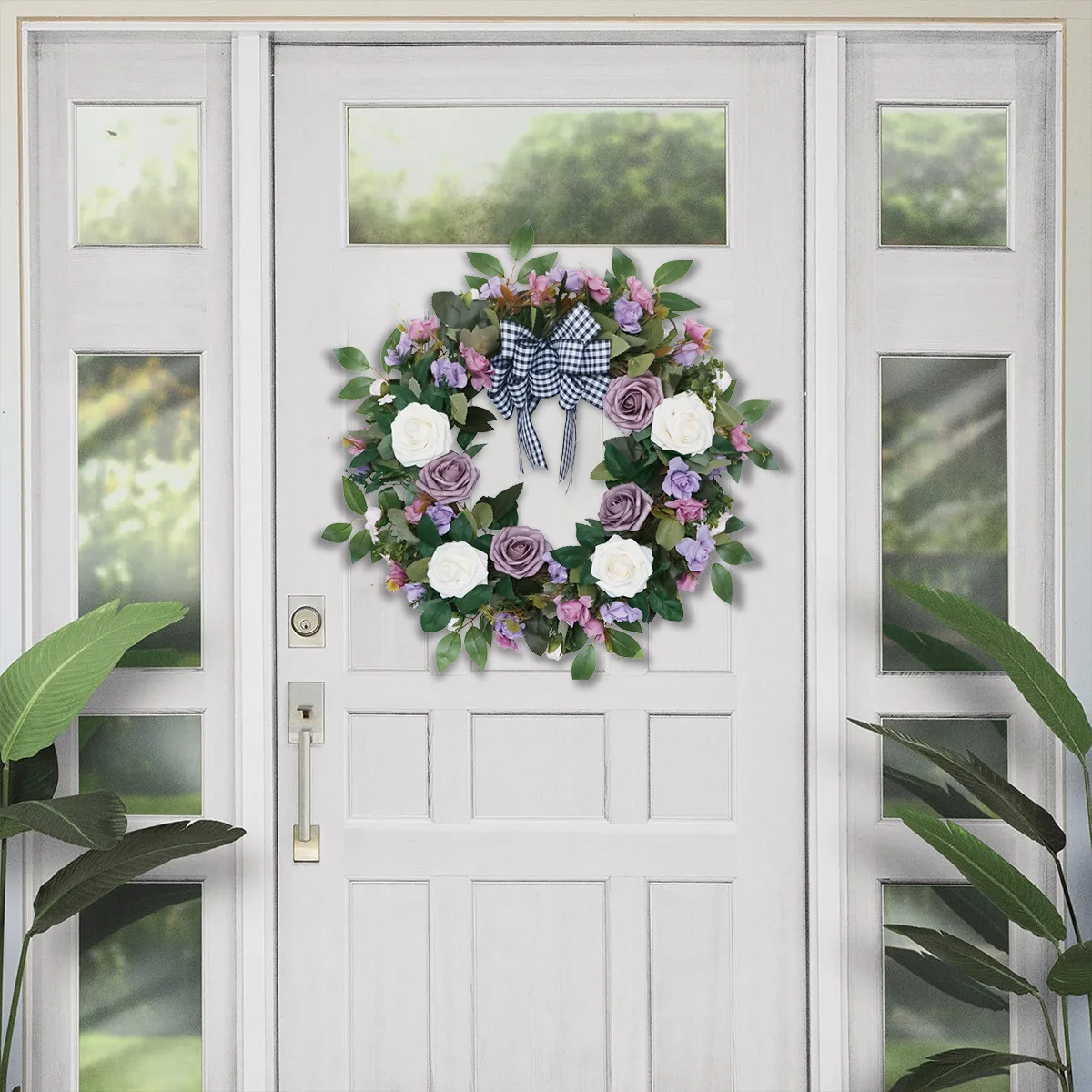 

Spring Artificial Rose Wreath, 17.7in Colorful Round Front Door Vine Wreath for Indoor Outdoor Home Bedroom Party