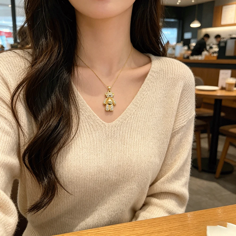 Gold & Silver Plated Pave Cubic Zirconia Bear Pendant, Ins Trendy Clean Girl Jewelry Charm, Cute Minimalist Daily Wear