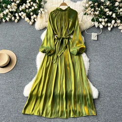 French Vintage Pleated lool sleeve print Lace-up Bow sweet Dress Casual Women Fashion summer dresses