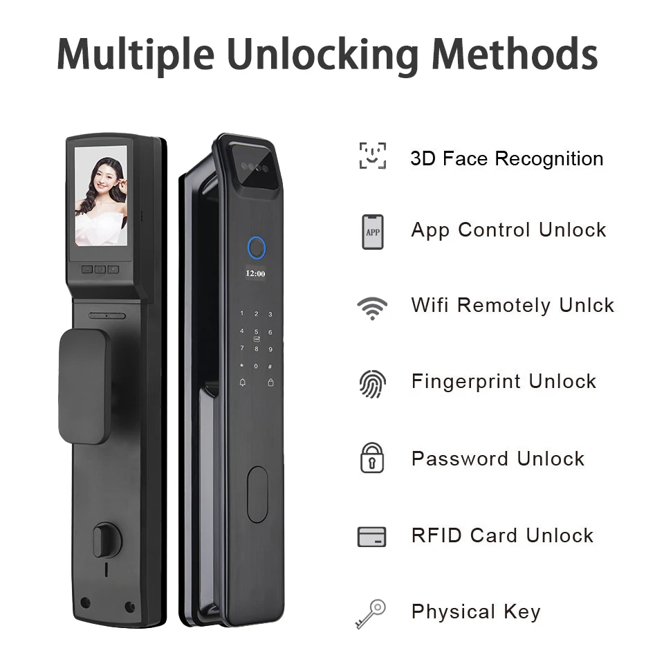 Smart Door Lock Voice Intercom 3D Face Fingerprint Card Swiping Mechanical Key Cat Eye App Unlocking