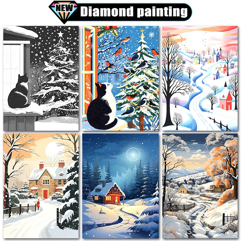 

Decorative Diamond Art Painting Christmas snow scene with a cat Home Decor Full Square&Round mosaic embroidery Cross stitch Gift