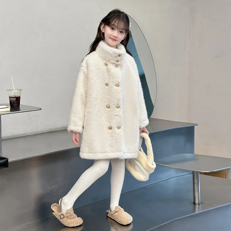 

2025 Girls' Winter Clothing Imitation Fur Coat Autumn Children's Woolen Sweater Medium length Jacket Spring Boys' Cotton Coat