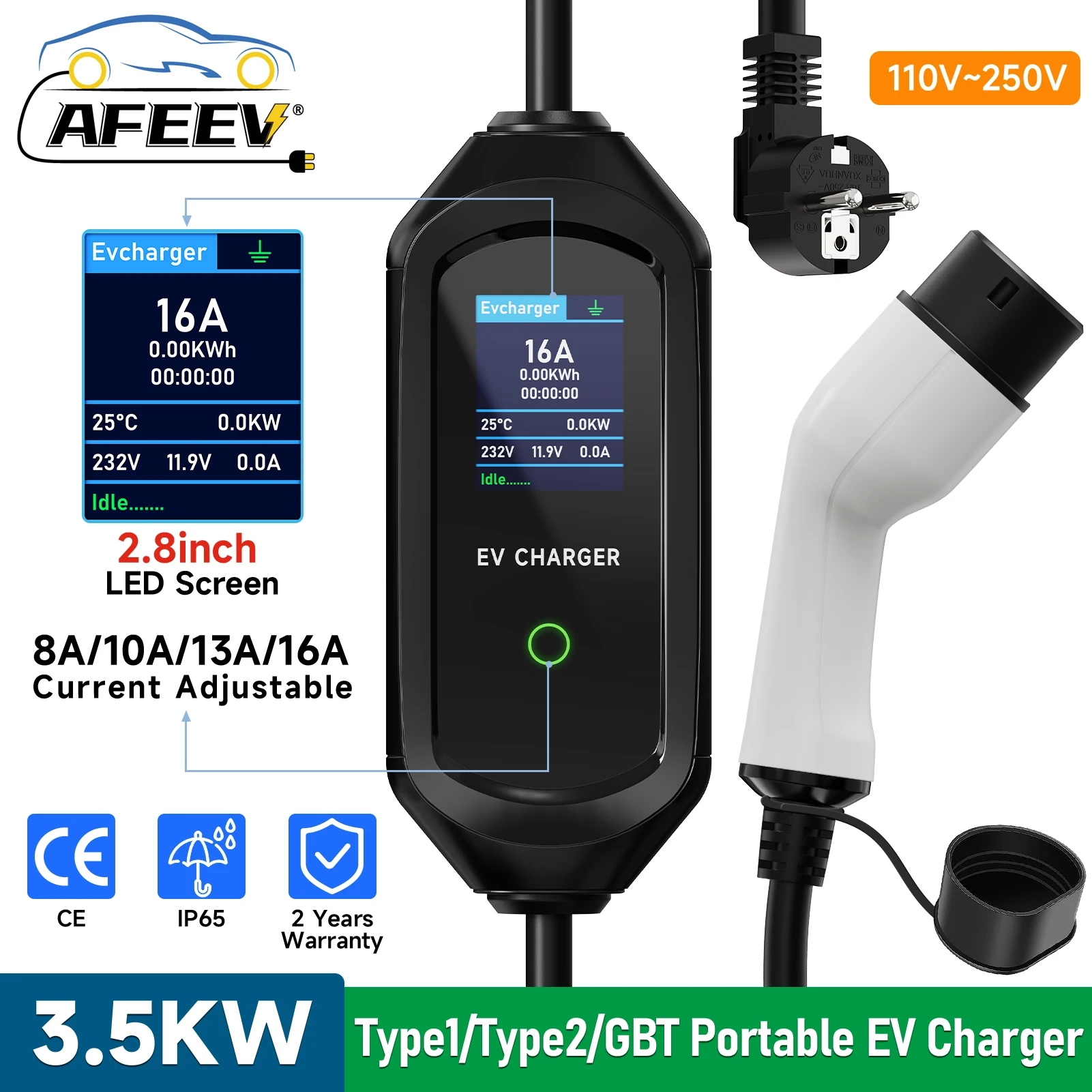 AFEEV Portable EV Charger Type2 IEC62196-2 16A EVSE Fast Charging Cable Type1 SAE J1772 Wallbox 3.5KW GBT Electric Car Charger