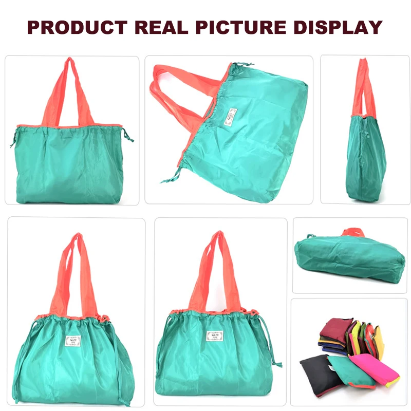 Grande capacidade reutilizável Eco Tote Bag, cor sólida Nylon Bolsas, impermeável dobrável Drawcord ombro armazenamento malote