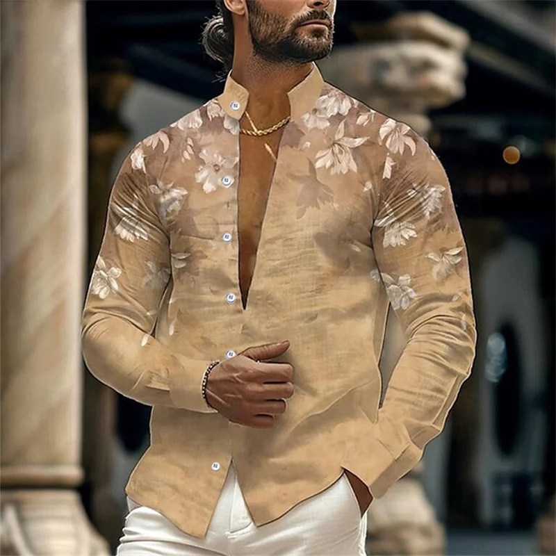 남성 셔츠 인쇄 스탠드 칼라 이슬람 남성 의류 긴 소매 인쇄 의류 의류 패션 디자이너 캐주얼 편안한
