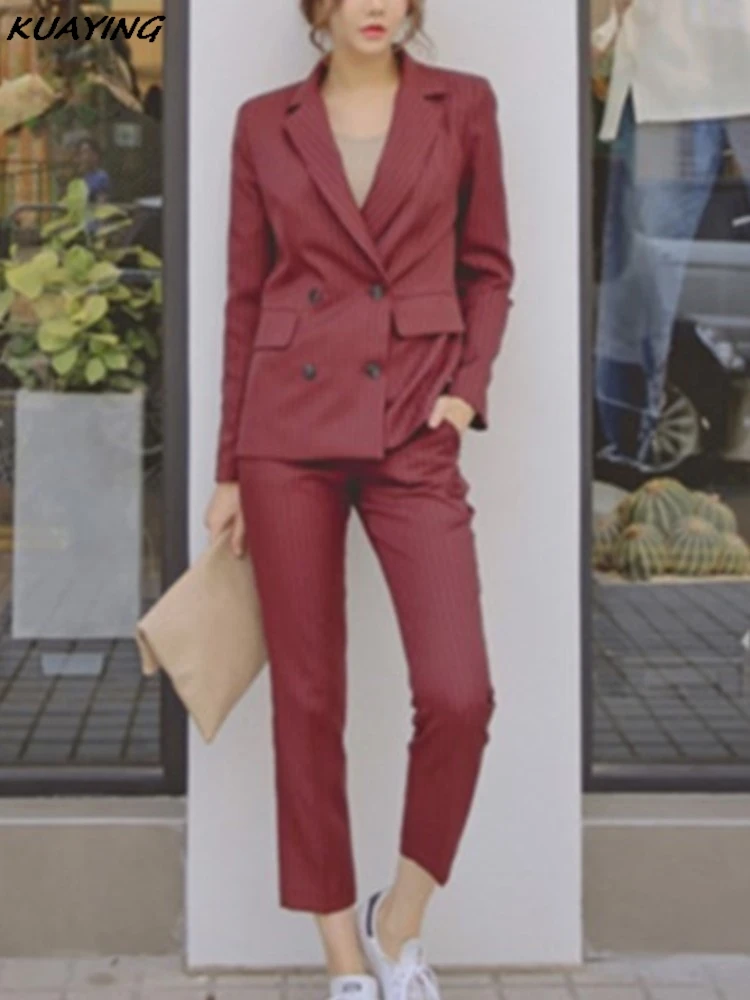 Women Elegant Formal Business Blazer 2 Pieces Suit Office Work Striped Jacket Pantsuit Korean Fashion Female Vintage Outfits New