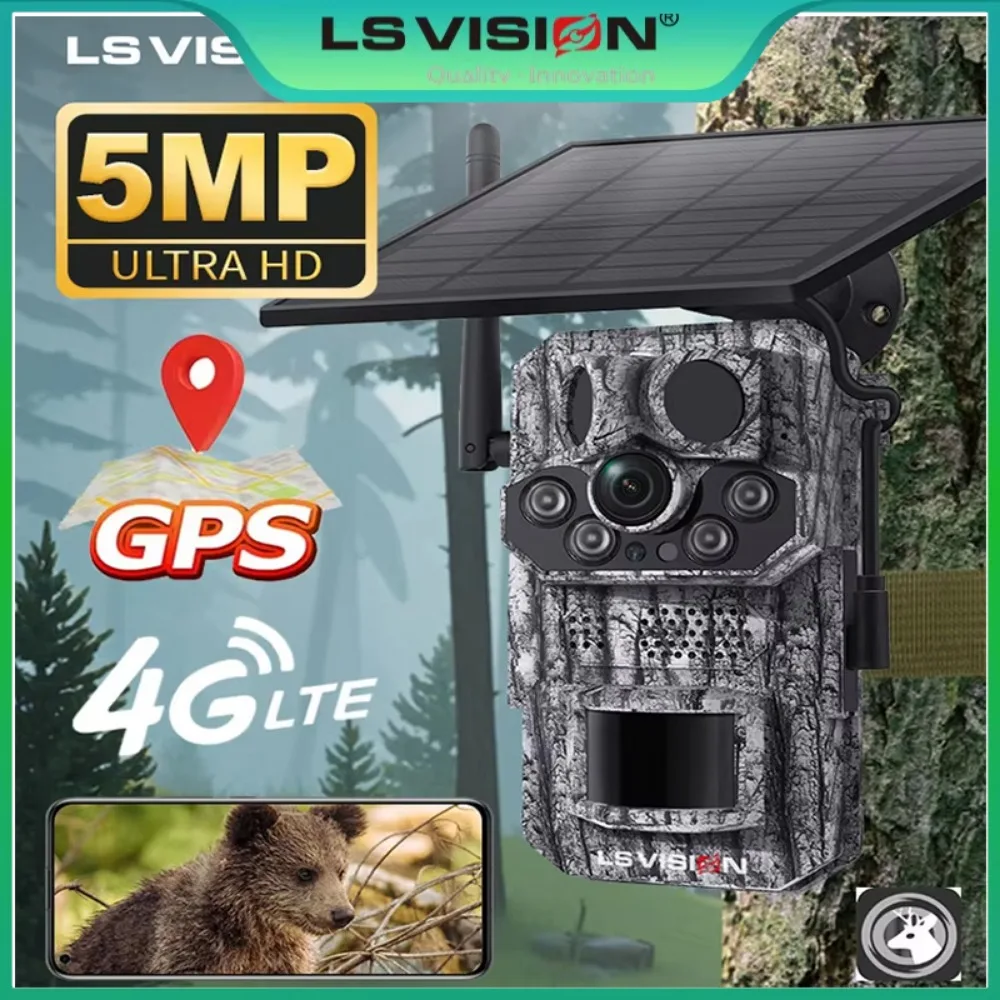 LS VISION 4G Solar Powered Hunting Camera 2K Videos 16MP Pictures Night Vision Trail Camera for Wildlife Monitoring Hunting GPS