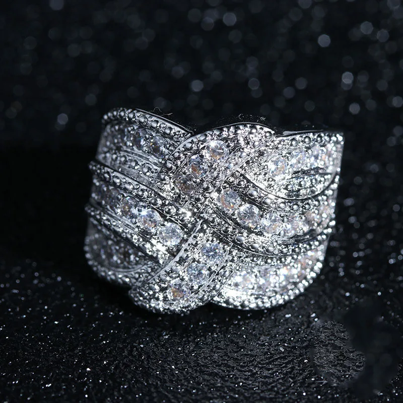 Sang Trọng Lớn 925 Sterling Plata Nhẫn CZ Đính Đá Zircon Cho Thời Trang Nữ Dệt Quanh Co Cưới Nhẫn Đính Hôn Món Quà Trang Sức