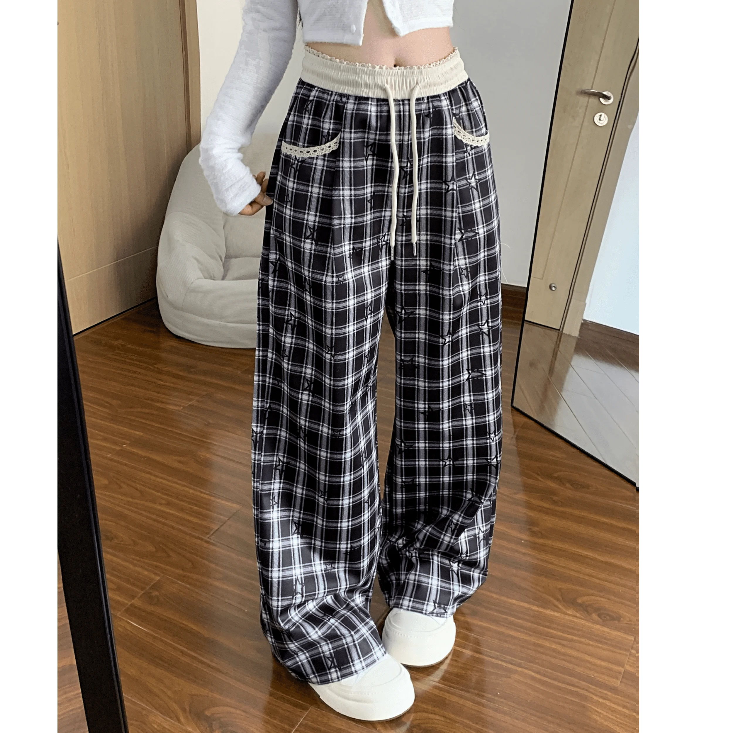 

een Plaid Casual Pants Women's Spring Summer New Sle Draped Loose Lazy Wide Leg Floor-Length Lace Trimming Trousers