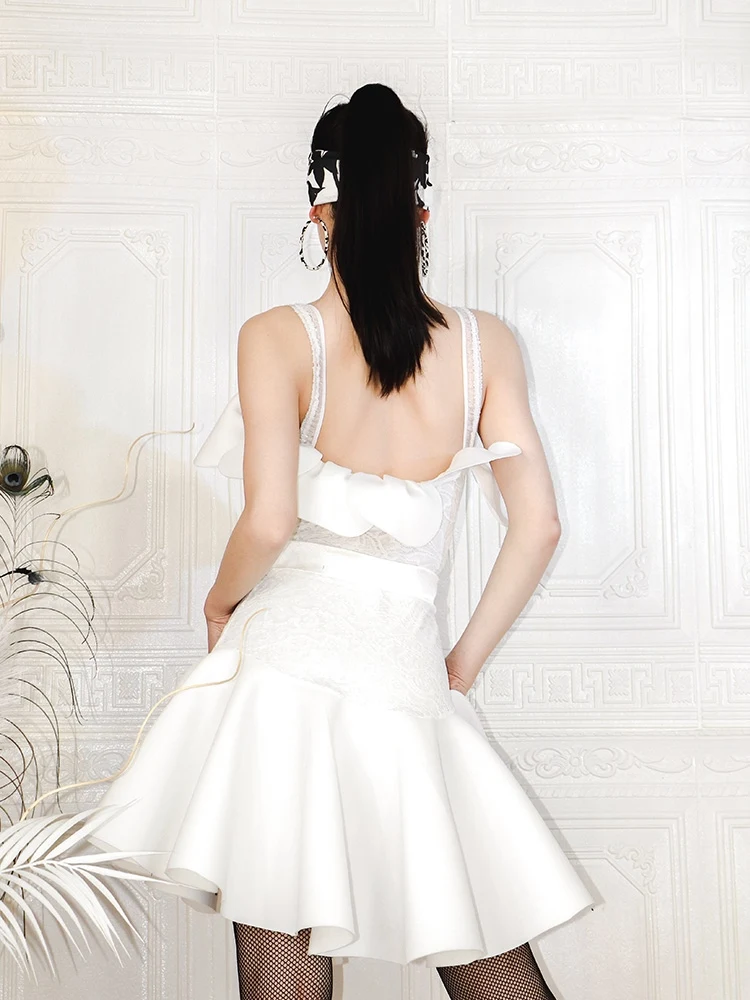 Robe de concours de danse latine blanche pour adultes, ensemble jupe body à épaules dénudées, Costume de spectacle de danse Rumba Samba Tango VDB6499