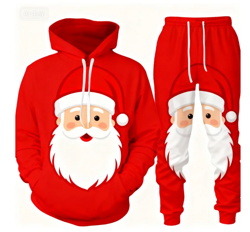 عيد الميلاد قطعتين هوديي بانت مجموعات سانتا كلوز ثلاثية الأبعاد طباعة مجموعة الرجال النساء موضة هوديي + مجموعة بناطيل رجالي هدايا عيد الميلاد بدلة رياضية #5