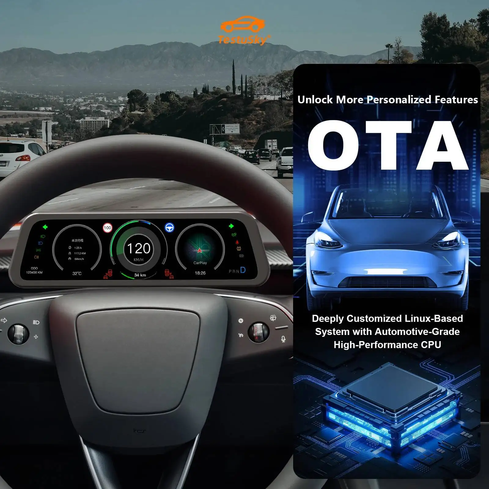 9.6inch 1920*720P Andriod Auto Wireless CarPlay Instrument LCD Digital Cluster Screen For Tesla Model 3/Y/YL Dashboard Display