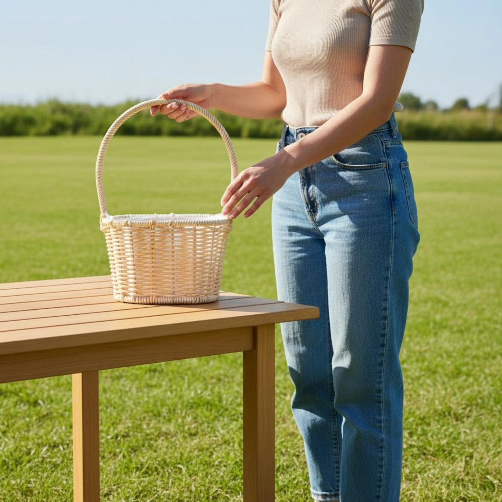 Picnic Basket Handwoven Wicker Design Easy to Carry Farmhouse Style Household Storage for Organizing Small Essentials view 6