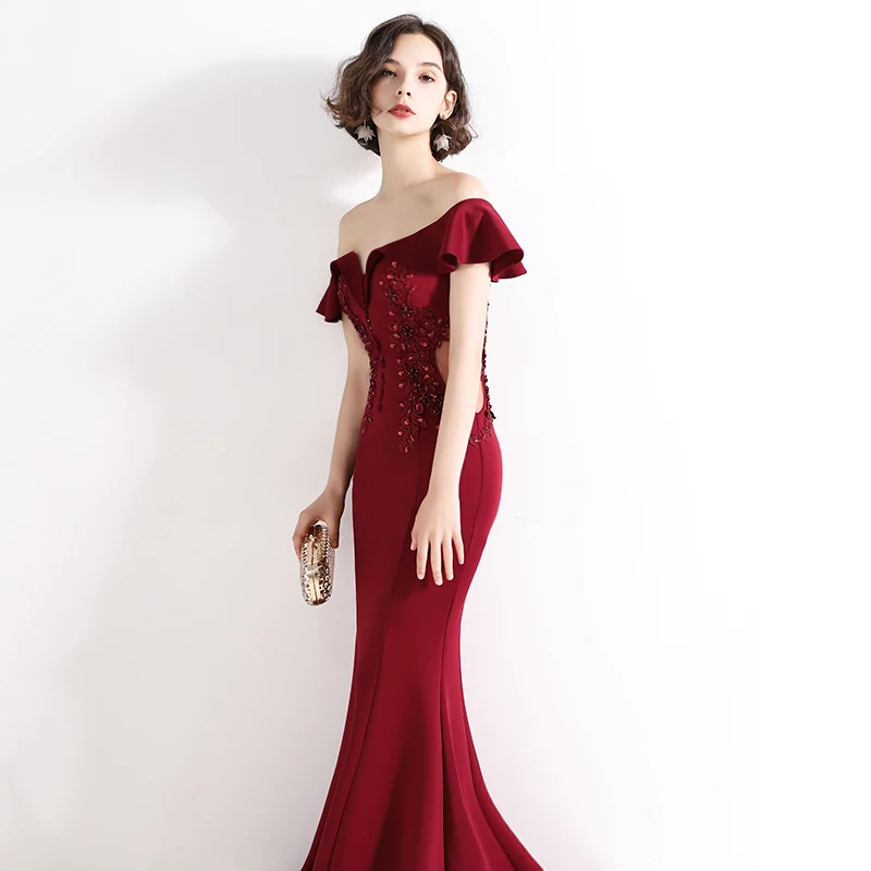 Elegant Burgundy Evening Dresses Boat Neck Off-The Shoulder Beaded Appliques Slim Mermaid Dress Women\'s Formal Maxi Gowns