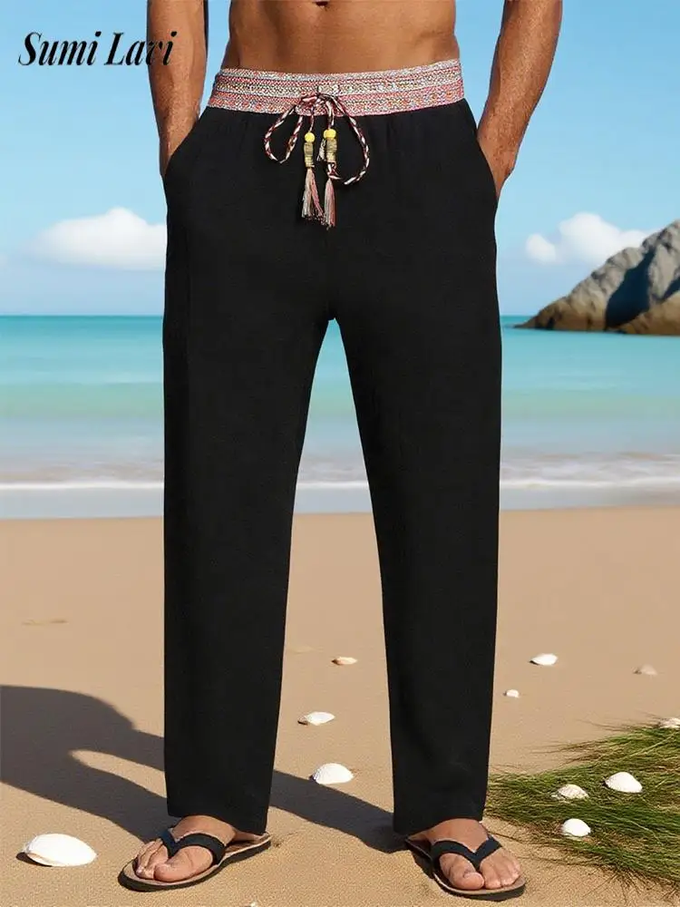 

Retro Drawstring Patchwork Linen Pants Men's 2025 Spring Autumn Beach Casual Loose Trousers Mens Stylish Straight Linen Trousers