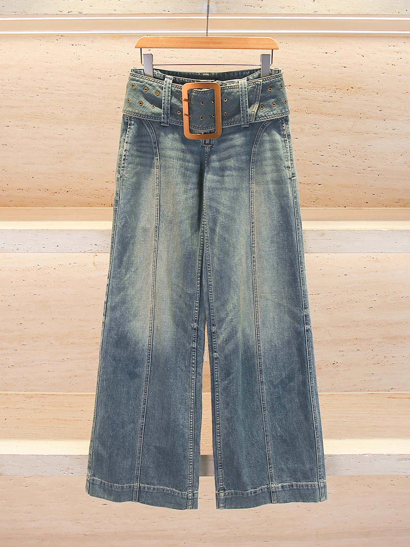 

High Waist Wide Leg Jeans Women's Spring Summer Fashion Design Belted Washed Denim Casual High-End Women's Fashion