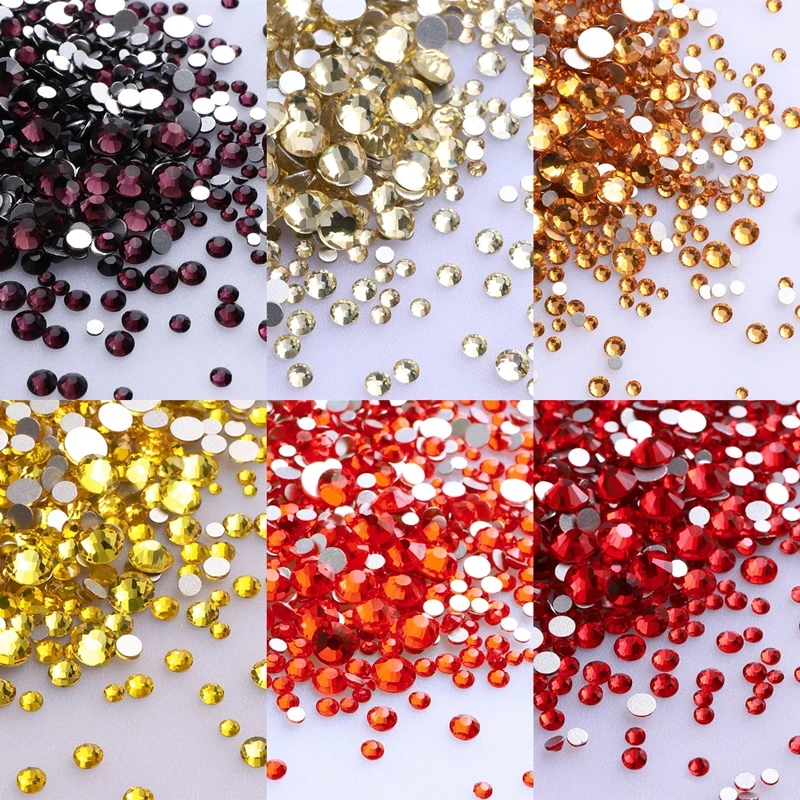 1440Pcs Mix Size Round Glass Flatback Rhinestone Glitter Yellow Glue On Stones Red Non Hot Fix Rhinestones for DIY Nail Art