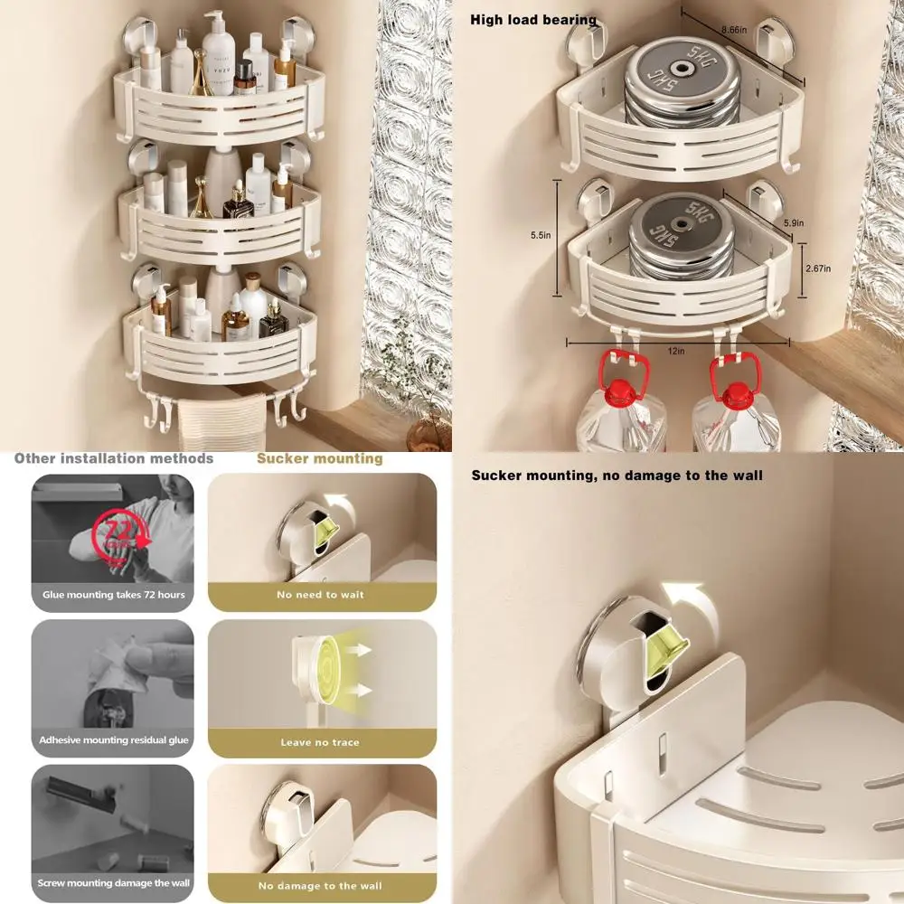

Adhesive Corner Shower Caddy with Suction Cups, Towel Bar and Hooks (3-Pack, Ivory) - No Drill Shower Organizer Storage Rack