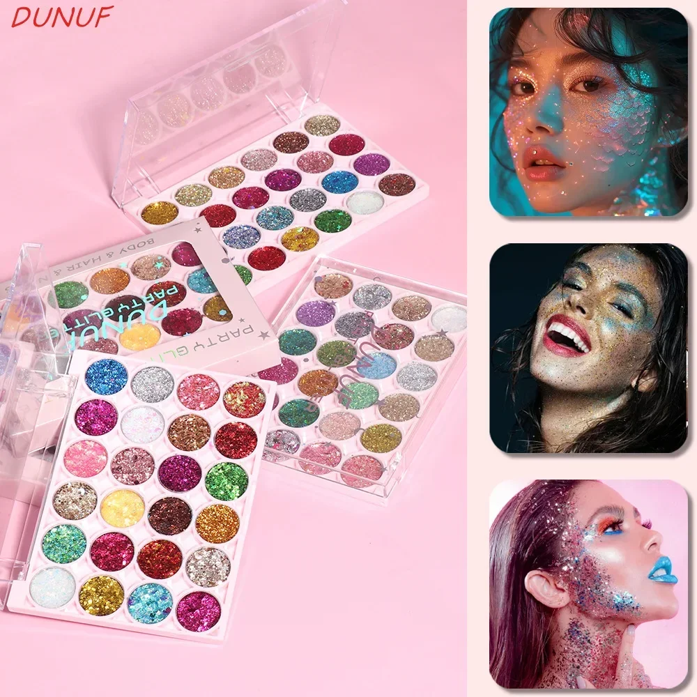 DUNUF 24 Color Shiny Sequins Flakes Eyeshadow Palette Self Adhesive Glitter Gel Hair Body Nail Gold Sequin Gel Eye shadow Pallet