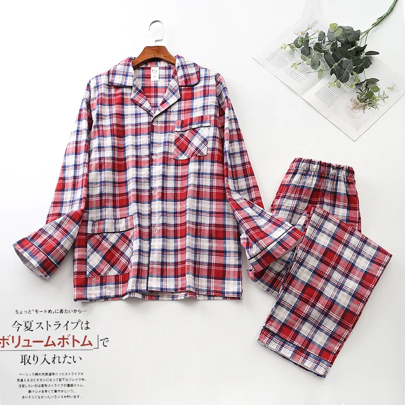 Spring Autumn Men Casual Plaid Pajama Sets Male 100% Cotton Flannel Sleepwear Suit Men Long Sleeve Turn-down Collar Home Clothes