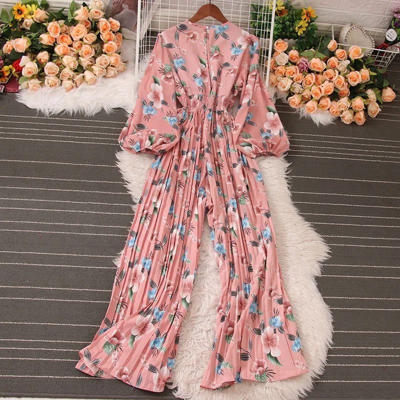 Summer New Fashion French Print Puff Sleeve V-neck Jumpsuit Women's High Waist Loose All-match Wrinkled Wide-leg Trousers Tide