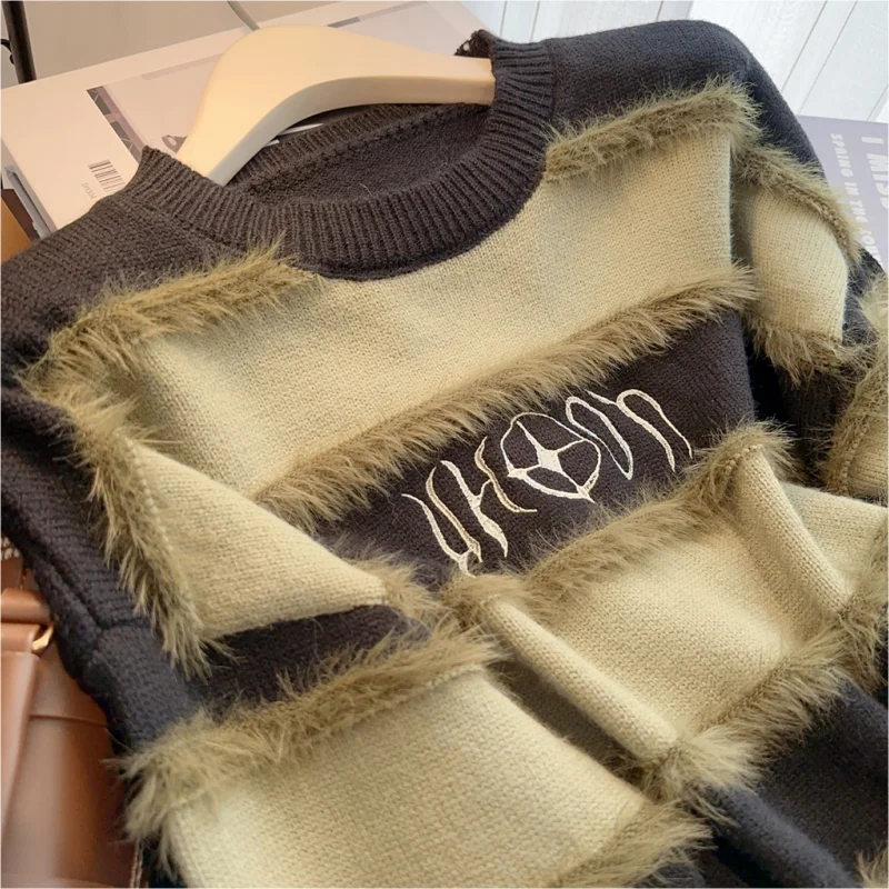 Stripe Green Cashmere Jacket Women's Clothing Knitting Sweater Round Neck Pullover Vintage Fashion Autumn Letter Printing Tops