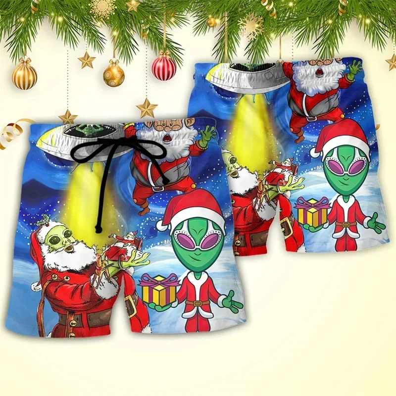 3D Print Merry Christmas Santa Claus Pattern Beach Shorts For Men Summer Funny Xmas Board Short Pants Hawaii Surf Swim Trunks
