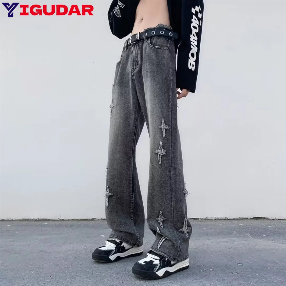 

Men's High Street Jeans Loose Jeans Long Pants Hip Hop Men's Hong Kong Style Embroidered Loose Wide Leg Pants Boyfriend Jeans