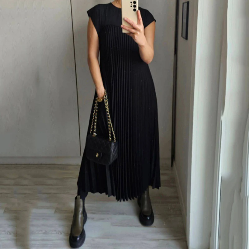 Female Side Double Pockets Gown Dress Women Summer Solid Pleated Dresses Fashion Comfortable Casual Street Flying Sleeve Dress