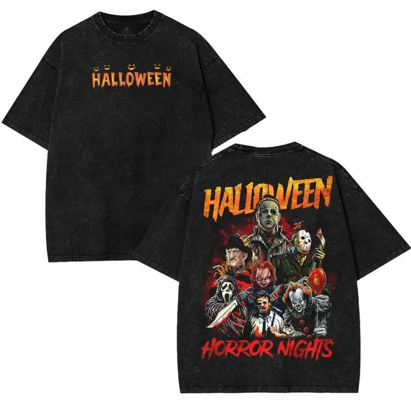 تي شيرت ليلة الرعب للهالوين - قميص رجالي من القطن المغسول | مطبوعات ملابس الشارع الناعمة للرجال، نمط الفيلم الكلاسيكي غير الرسمي Mov #1
