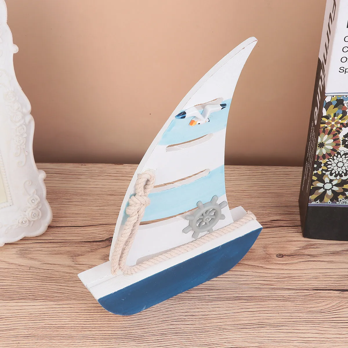 

1Pcs Mediterranean Style Wooden Boat Decoration Mdf Material Hand-Woven Rope Seagull Resin Accents Home Office Living Room