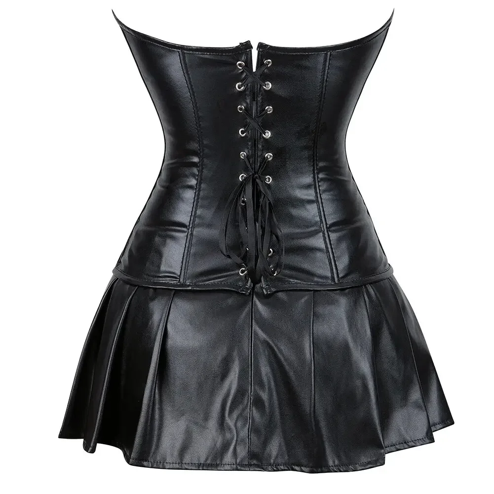 Woman Corset Dress Punk Leather Bustiers Top Lace Up Boned Bustier Mini Skirt Plus Size Gothic Zip Korsett Push Up Corselet