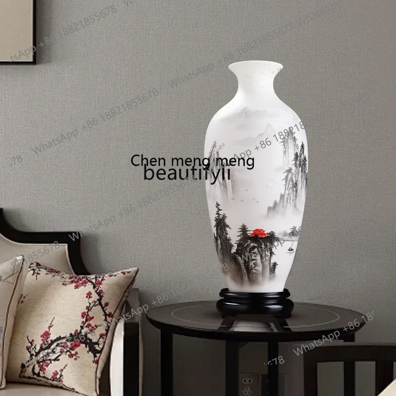 cc182Hand-painted landscape suet jade porcelain Guanyin bottle Chinese living room Bogu rack decorative vase R