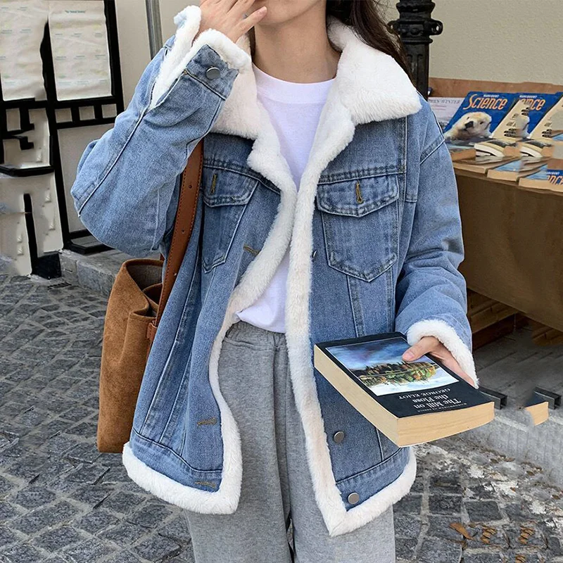 Add Velvet Padded Warm Denim Jacket Female 2026 New Winter Long Sleeve Short Coat Lamb Cashmere Cotton-padded Jacket Female